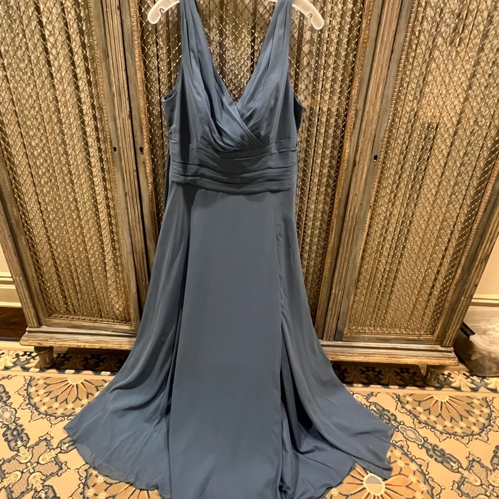 David's Bridal Blue Ruched Maxi Gown for Wedding Guest